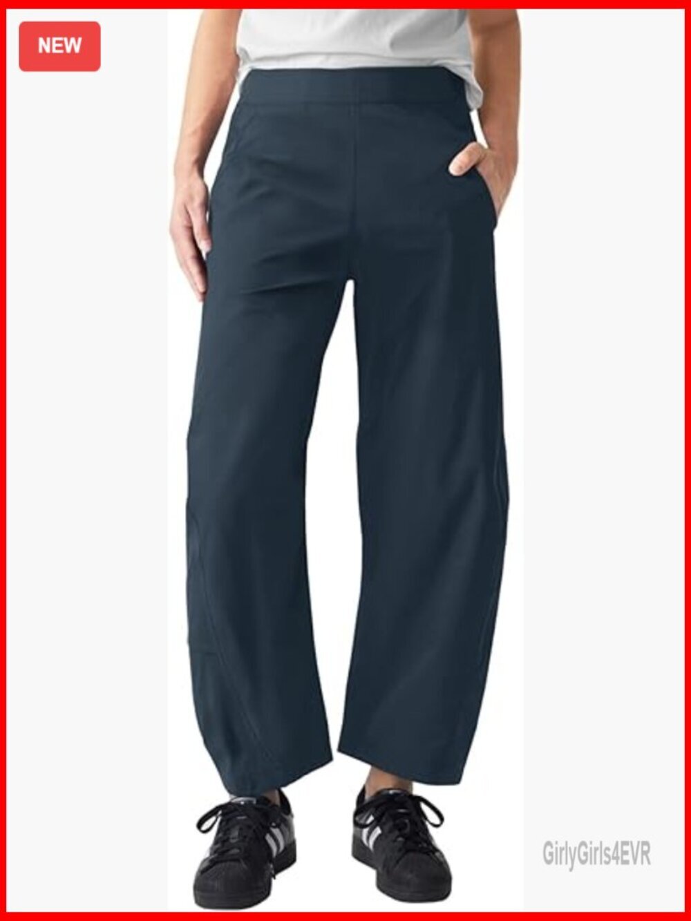 Elastic Waist Ankle Pants Tapered Leg Barrel Pants with Pockets